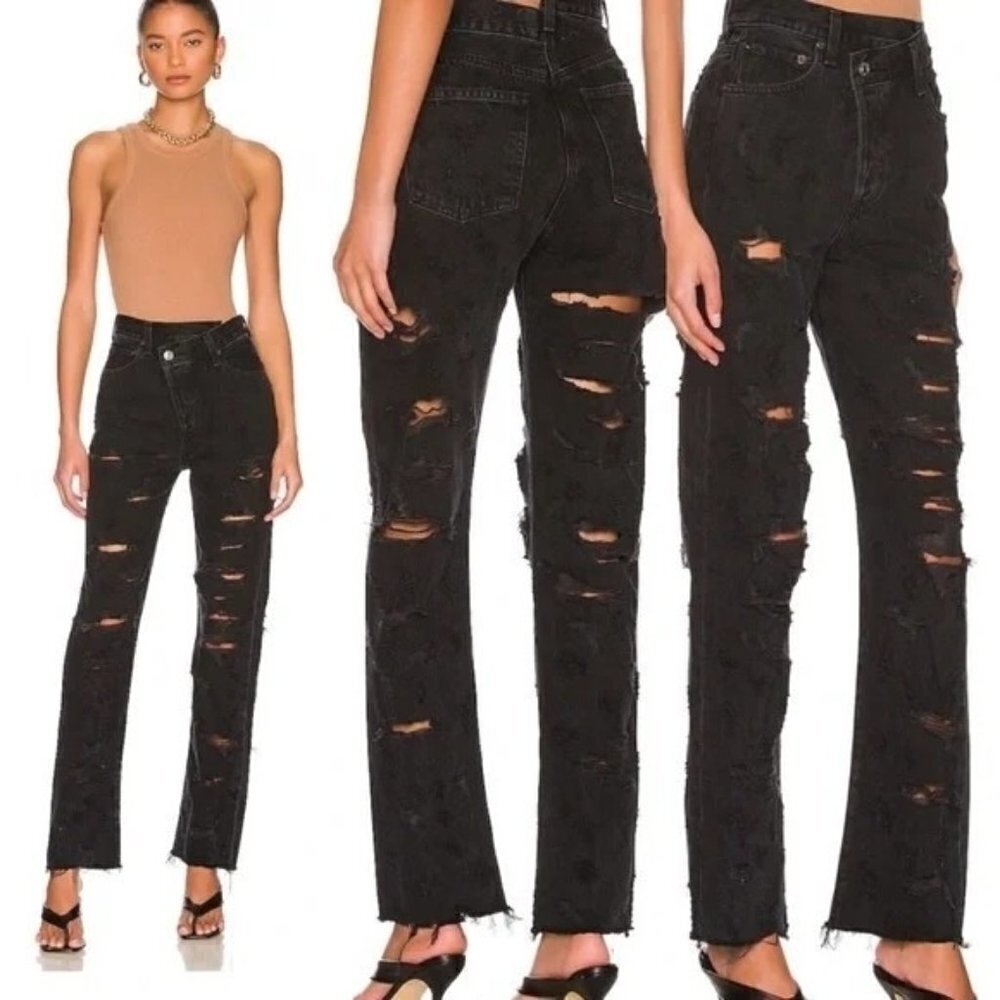 Agolde Criss Cross Destroyed High Waist Straight Black Jeans Sz 25 Feverish NWT